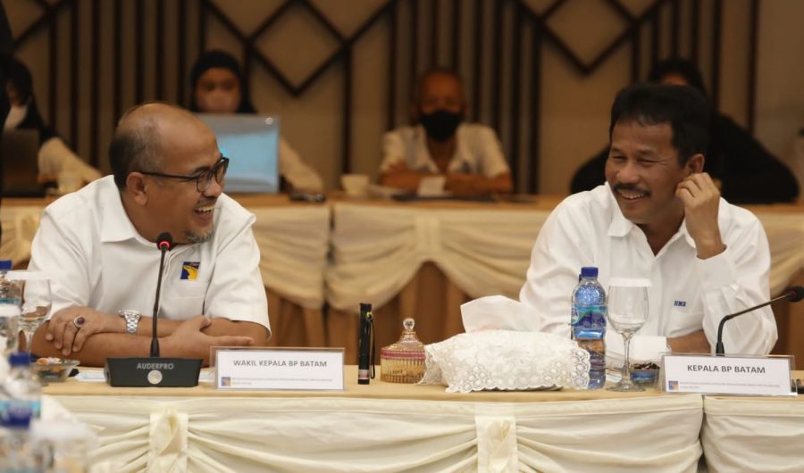 Kepala BP Batam, Muhammad Rudi (kanan) didampingi wakilnya memberikan penjelasan terkait rencana penanaman ribuan pohon Jati Emas di ruas jalan menuju Bandara International Hang Nadim Batam. foto bp batam