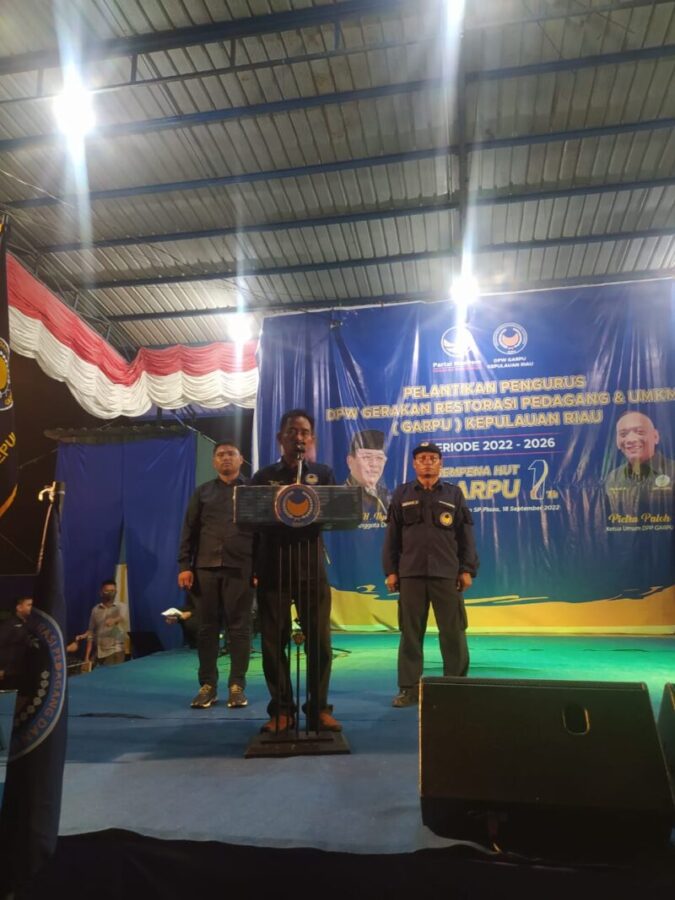 Ketua GARPU Provinsi Kepri, Muhammadong memberikan sambutan pertamanya usai diolantik. foto aris sander